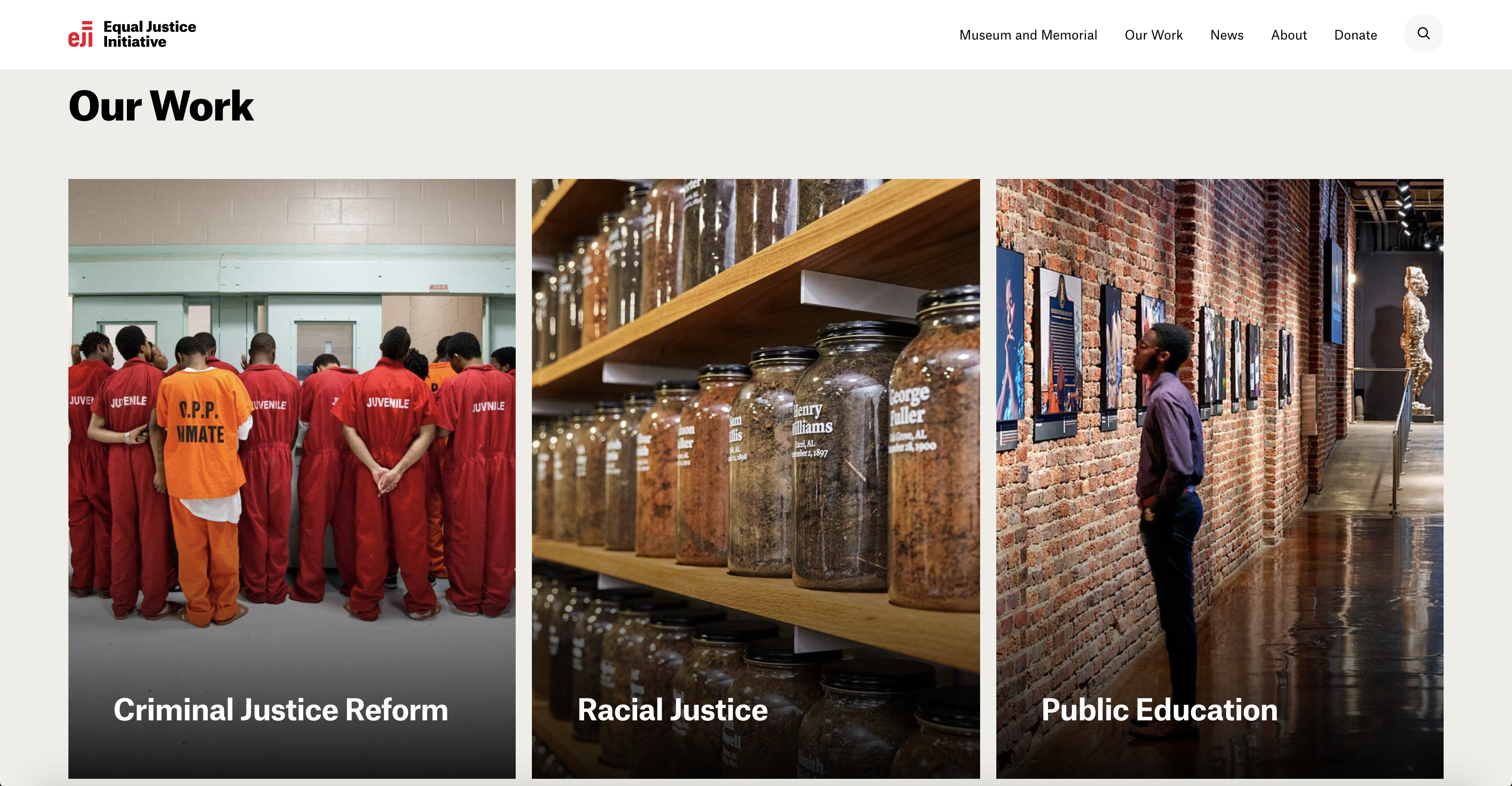 The visualization and messaging around the organization’s core programs on the homepage are subtle and minimalist