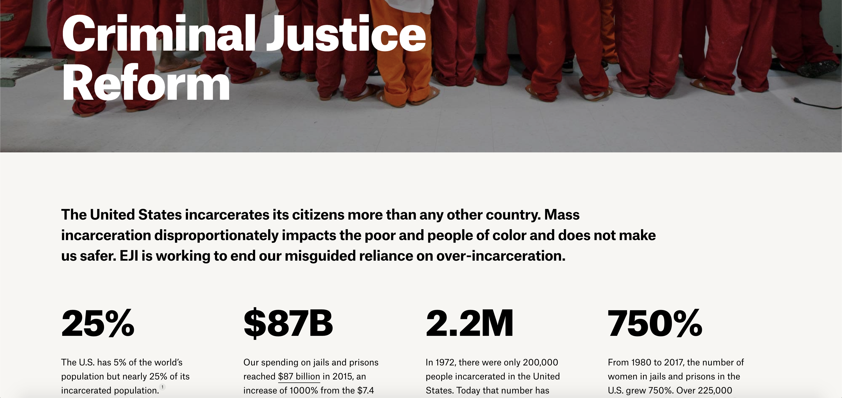 The opening paragraph on the Criminal Justice Reform page on the EJI website